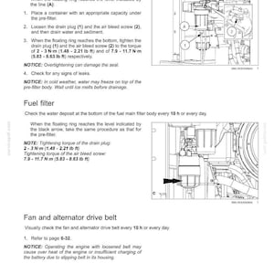 May include: A maintenance manual page with instructions for fuel pre-filter and fuel filter maintenance. Includes diagrams with numbered components and torque specifications in lb ft. Text details procedures for checking water deposits and tightening screws.
