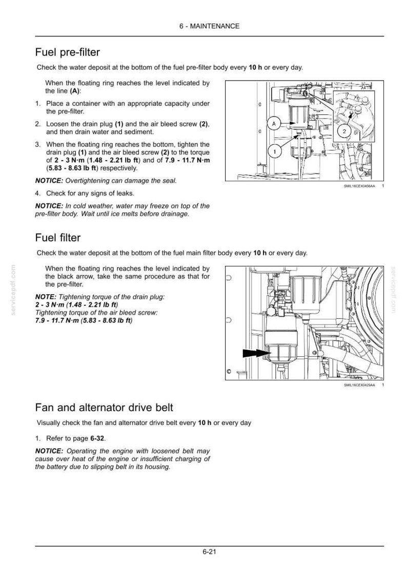 May include: A maintenance manual page with instructions for fuel pre-filter and fuel filter maintenance. Includes diagrams with numbered components and torque specifications in lb ft. Text details procedures for checking water deposits and tightening screws.