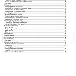 May include: A white document titled "TABLE OF CONTENTS" with a list of topics related to a swing unit, including maintenance instructions, troubleshooting, and disassembly procedures. The document is dated 08-2008.