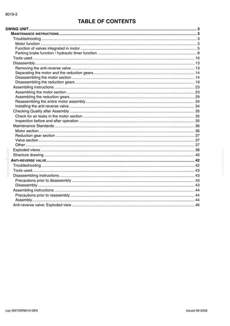 May include: A white document titled "TABLE OF CONTENTS" with a list of topics related to a swing unit, including maintenance instructions, troubleshooting, and disassembly procedures. The document is dated 08-2008.