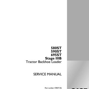 May include: A white service manual for a Tractor Backhoe Loader. The manual includes the model numbers 580ST, 590ST, and 695ST. The Case Construction logo is in the bottom right corner. The manual's part number is 47847146.