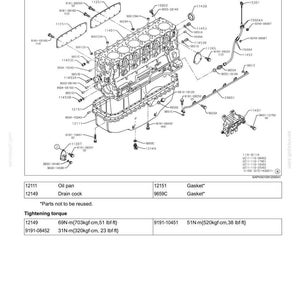 May include: A technical diagram titled Oil pan E485B showing an exploded view of an engine block, oil pan, and associated components with numbered parts. The document includes a parts list, tightening torque specifications in lbf-ft, and labels.