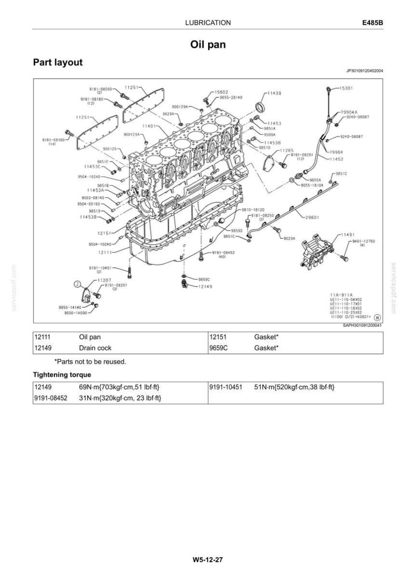 May include: A technical diagram titled Oil pan E485B showing an exploded view of an engine block, oil pan, and associated components with numbered parts. The document includes a parts list, tightening torque specifications in lbf-ft, and labels.
