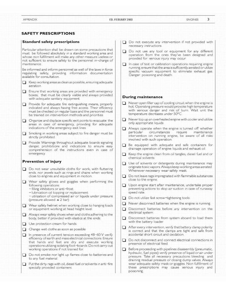 May include: A page from a manual titled "SAFETY PRESCRIPTIONS" with safety guidelines for engine maintenance. The text includes warnings about fire, injury prevention, and proper procedures. The document is dated February 2003.