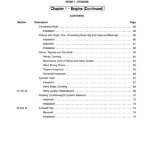 May include: A page from a manual titled "SECTION 10 - ENGINE" with a table of contents. The table lists engine components such as connecting rods, valves, and exhaust pipes, with corresponding page numbers. The text is in black on a white background.