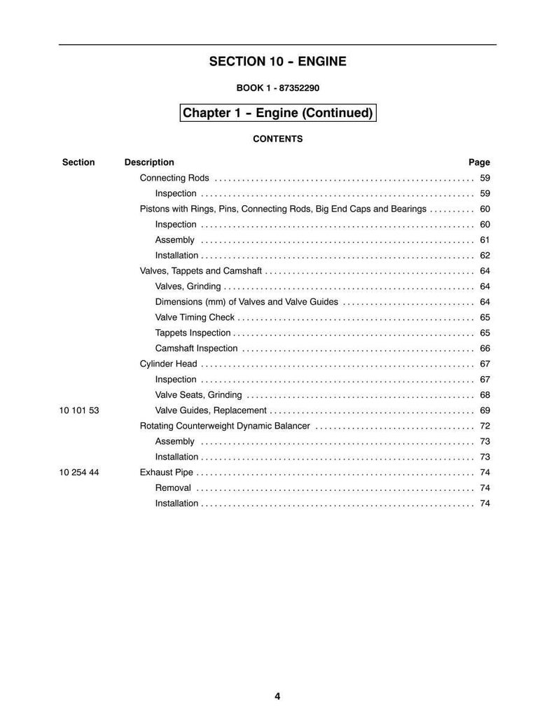 May include: A page from a manual titled "SECTION 10 - ENGINE" with a table of contents. The table lists engine components such as connecting rods, valves, and exhaust pipes, with corresponding page numbers. The text is in black on a white background.