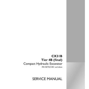 May include: A white service manual for a Compact Hydraulic Excavator, model CX31B, Tier 4B (final). The cover includes the text "SERVICE MANUAL" and "CASE CONSTRUCTION". The part number is S5PW0039E01.