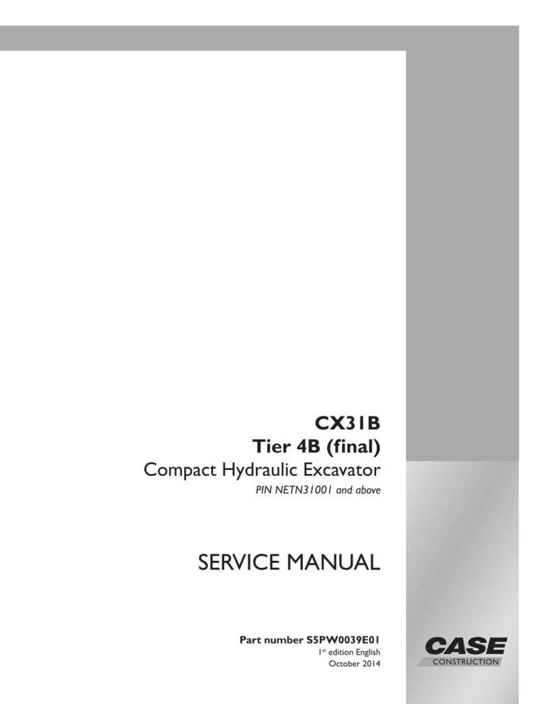 May include: A white service manual for a Compact Hydraulic Excavator, model CX31B, Tier 4B (final). The cover includes the text "SERVICE MANUAL" and "CASE CONSTRUCTION". The part number is S5PW0039E01.