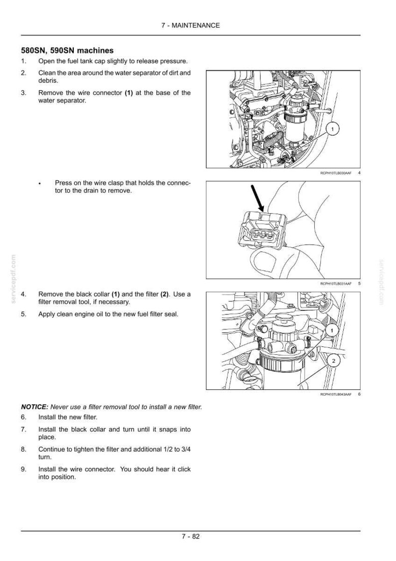 Puede incluir: Una p&aacute;gina de un manual de mantenimiento para m&aacute;quinas 580SN y 590SN. La p&aacute;gina incluye instrucciones numeradas con diagramas que detallan procedimientos como la extracci&oacute;n de un conector de cable, un filtro y un collar negro. El texto incluye el t&iacute;tulo "7 - MANTENIMIENTO".