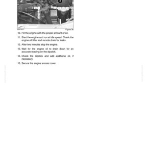 May include: A black and white image of an engine compartment, with text describing the process of lubricating an engine. The image includes a close-up of an oil filter and other engine components. The text provides instructions for filling the engine with oil and checking for leaks.