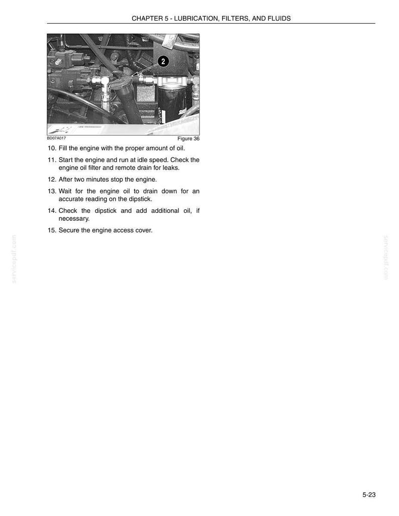 May include: A black and white image of an engine compartment, with text describing the process of lubricating an engine. The image includes a close-up of an oil filter and other engine components. The text provides instructions for filling the engine with oil and checking for leaks.