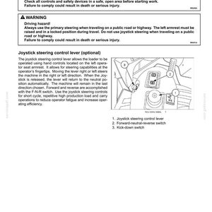 May include: Diagram of a loader's joystick control panel. The image includes a joystick steering control lever, a forward-neutral-reverse switch, and a kick-down switch. Safety warnings are also present.