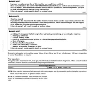 May include: A maintenance manual page with safety warnings and instructions for machine grease fittings. The text includes warnings about potential hazards and procedures for servicing the equipment. The page also lists service specifications.