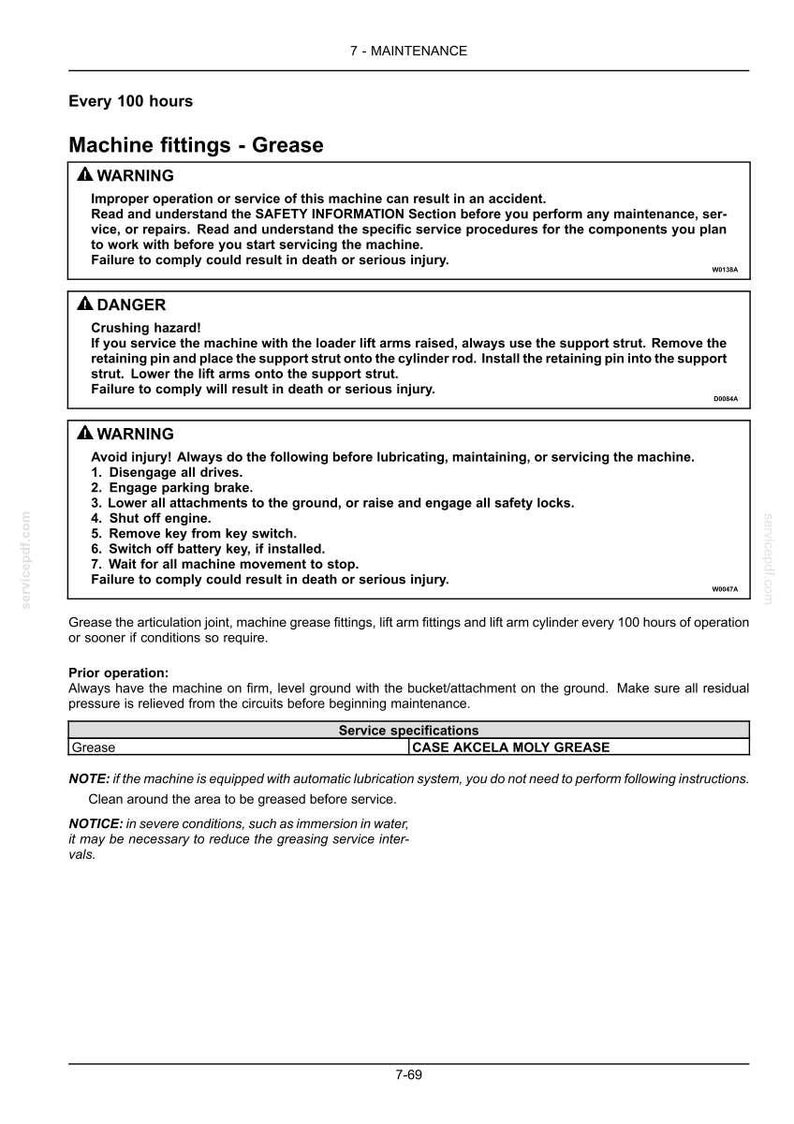 May include: A maintenance manual page with safety warnings and instructions for machine grease fittings. The text includes warnings about potential hazards and procedures for servicing the equipment. The page also lists service specifications.