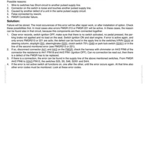May include: Document titled "FMGR - 217 Supply Switches pulsed GSV2 - short-circuit to other circuit" with troubleshooting steps. Includes causes like short circuits and loose connectors, and solutions involving error checks and component inspections.