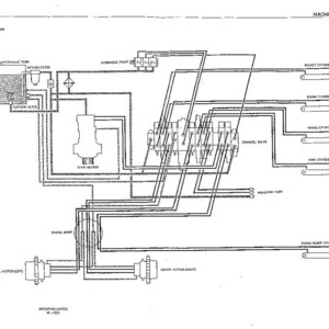 May include: A technical black and white hydraulic system diagram for a machine configuration. The schematic illustrates the hydraulic tank, pump, control valve, travel motors, and various cylinders connected by lines representing fluid flow paths.