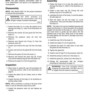 May include: Pilot pressure accumulator instructions with disassembly, inspection, and assembly steps. Includes warnings about nitrogen use and potential explosions. Text and diagrams detail the process for maintenance and repair.