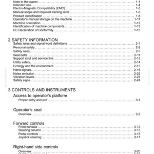 May include: A white document page with the title "Contents" at the top. The document lists sections such as "General Information", "Safety Information", and "Controls and Instruments", with corresponding page numbers.