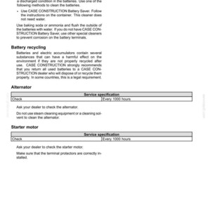 May include: A page from a maintenance manual with the title "7 - MAINTENANCE". The text describes cleaning batteries, battery recycling, and checking the alternator and starter motor. Service specifications are listed.