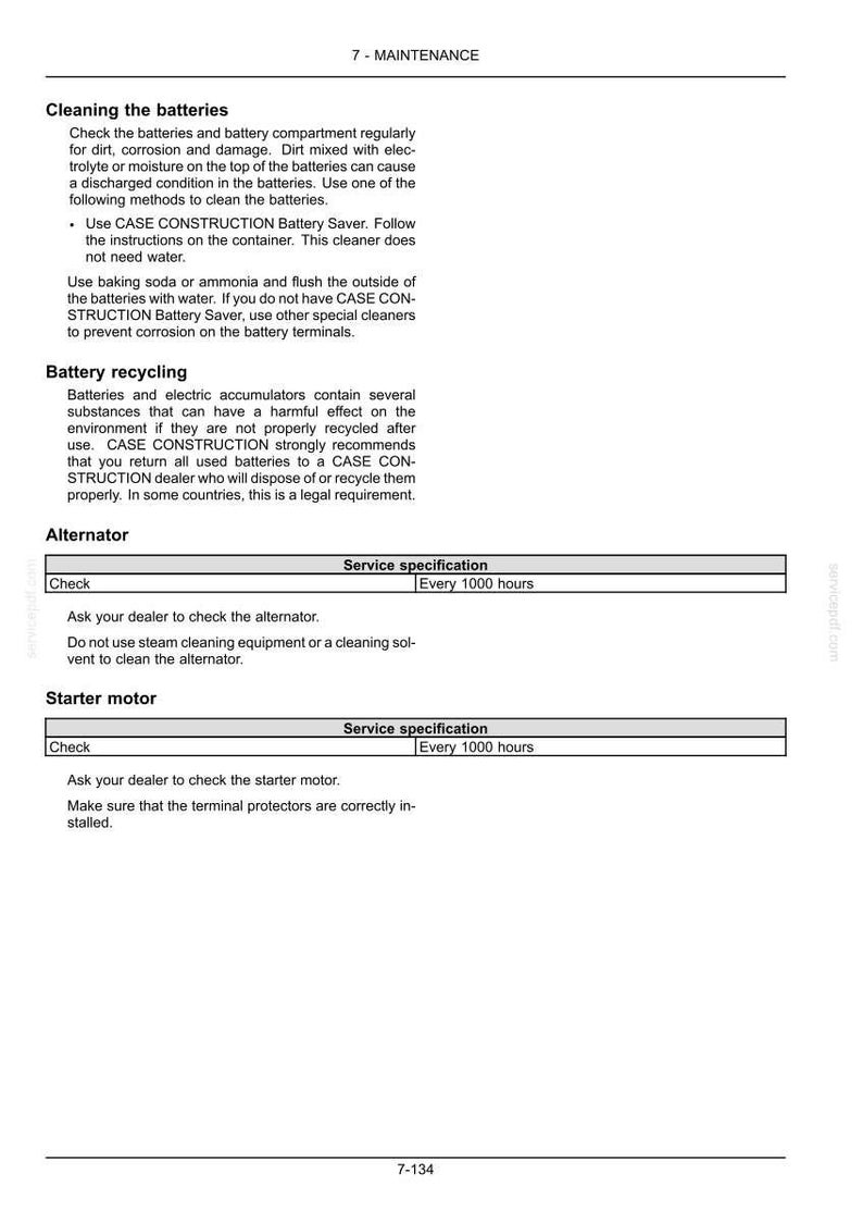 May include: A page from a maintenance manual with the title "7 - MAINTENANCE". The text describes cleaning batteries, battery recycling, and checking the alternator and starter motor. Service specifications are listed.
