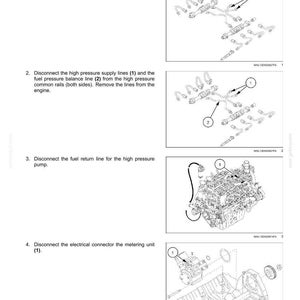 May include: Diagram of an engine fuel injection system, detailing the removal of the high-pressure pump. Includes numbered steps with illustrations of fuel lines, connectors, and the engine components. Text includes "High pressure pump - Remove".