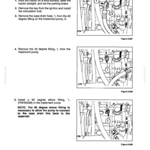 May include: Diagram from a manual showing hydraulic system components. The image includes close-up views of fittings, hoses, and other parts, with labels and numbers for identification. Text describes the steps for a case drain flow rate test.