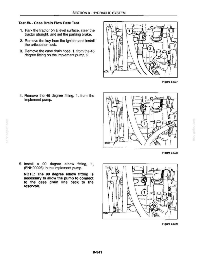 May include: Diagram from a manual showing hydraulic system components. The image includes close-up views of fittings, hoses, and other parts, with labels and numbers for identification. Text describes the steps for a case drain flow rate test.