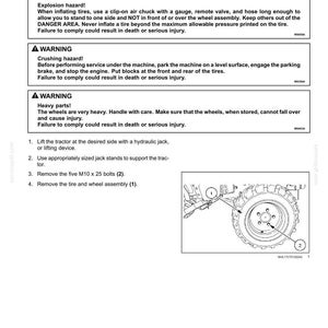 May include: Diagram of front wheel removal instructions for a Workmaster 25S 25 Hp tractor. Includes safety warnings about explosion and crushing hazards. The diagram shows the wheel assembly and bolt locations.
