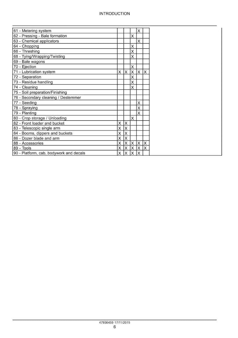 May include: A detailed table with the title "INTRODUCTION" and a list of numbered items with descriptions such as "Metering system", "Pressing - Bale formation", and "Chemical applicators". The table includes check marks.
