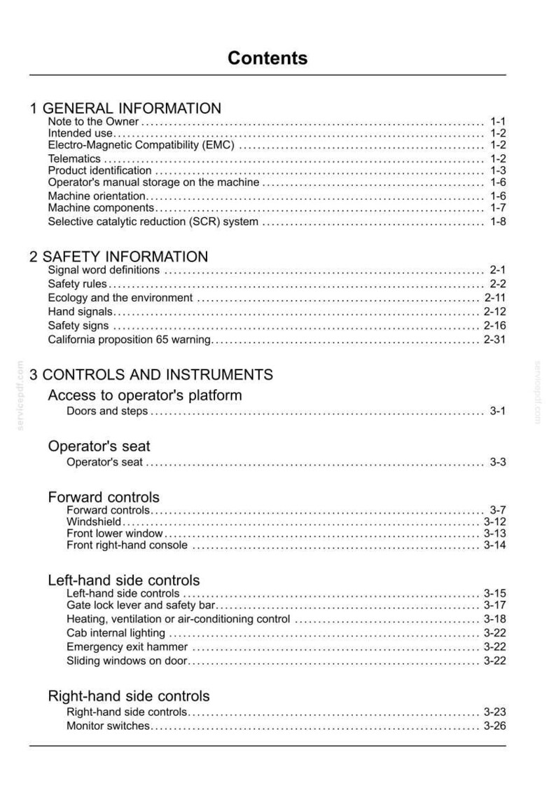 K&ouml;nnte beinhalten: Eine wei&szlig;e Dokumentseite mit dem Titel "Contents" oben. Das Dokument ist in Abschnitte unterteilt, darunter "Allgemeine Informationen", "Sicherheitsinformationen" und "Bedienelemente und Instrumente".