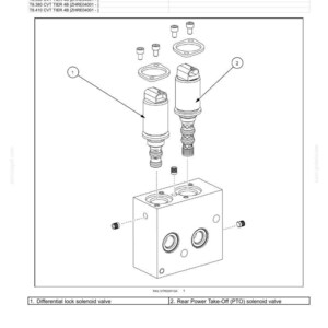 May include: An exploded view diagram of a differential lock control valve, with dimensions of 4.0 inches or 4.5 inches. The diagram includes a solenoid valve and a power take-off solenoid valve, with labels and part numbers.