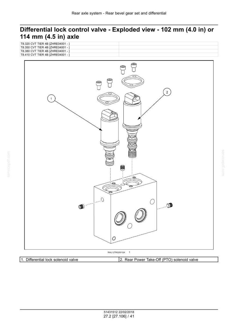 May include: An exploded view diagram of a differential lock control valve, with dimensions of 4.0 inches or 4.5 inches. The diagram includes a solenoid valve and a power take-off solenoid valve, with labels and part numbers.