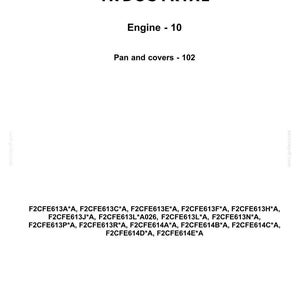 May include: A white background features the black CNH INDUSTRIAL logo above text that reads "Engine - 10" and "Pan and covers - 102." Below are part numbers. The bottom of the image includes a date and version number.