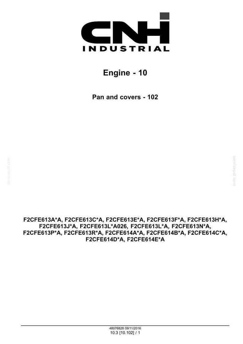 May include: A white background features the black CNH INDUSTRIAL logo above text that reads "Engine - 10" and "Pan and covers - 102." Below are part numbers. The bottom of the image includes a date and version number.