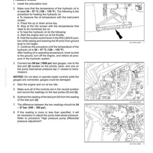 May include: Diagram of a hydraulic system with text instructions for testing and adjusting the high-pressure pump differential pressure. Includes illustrations of components and test points, with measurements in psi and Fahrenheit.