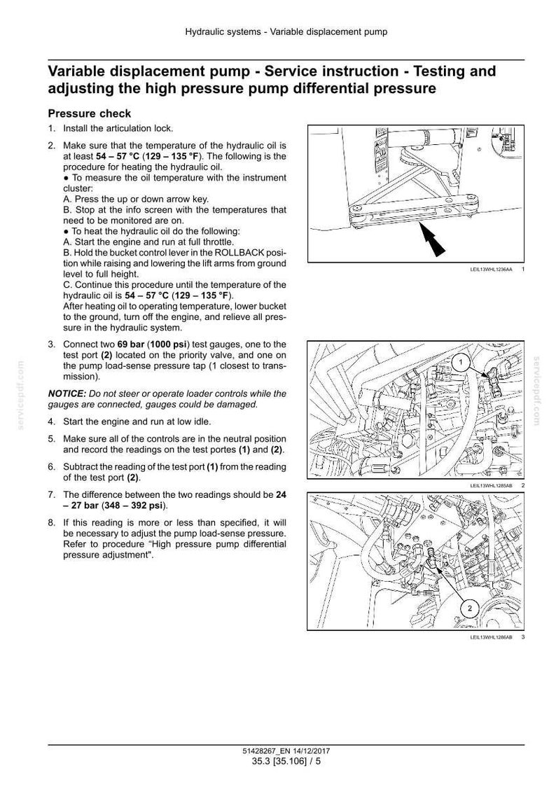 May include: Diagram of a hydraulic system with text instructions for testing and adjusting the high-pressure pump differential pressure. Includes illustrations of components and test points, with measurements in psi and Fahrenheit.