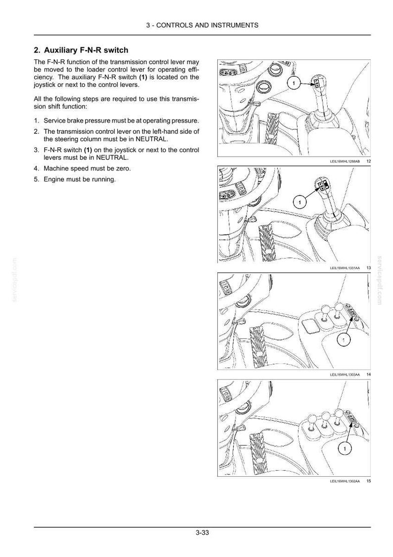 Puede incluir: Una p&aacute;gina de manual t&eacute;cnico titulada 3-CONTROLS AND INSTRUMENTS que detalla el interruptor auxiliar F-N-R. Incluye cinco pasos operativos numerados y cuatro dibujos lineales en blanco y negro que muestran la ubicaci&oacute;n del interruptor.
