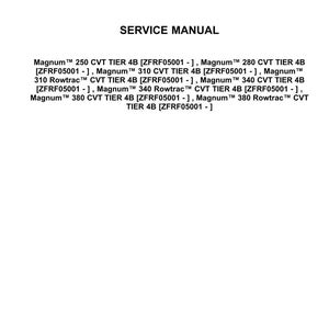 May include: A white page with the Case IH Agriculture logo and the words "SERVICE MANUAL". Below, a list of Magnum CVT TIER 4B models is displayed, including model numbers.