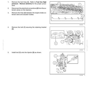 May include: Diagram illustrating the removal of a fuel injector, with numbered steps and close-up views of components. Includes instructions for disconnecting fuel lines, electrical connections, and removing bolts and brackets. The text reads "Fuel injector - Remove".
