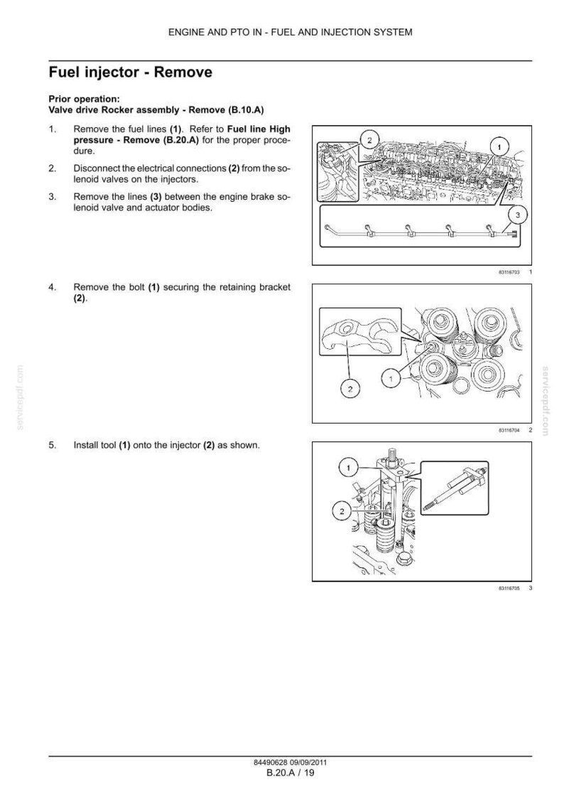 May include: Diagram illustrating the removal of a fuel injector, with numbered steps and close-up views of components. Includes instructions for disconnecting fuel lines, electrical connections, and removing bolts and brackets. The text reads "Fuel injector - Remove".