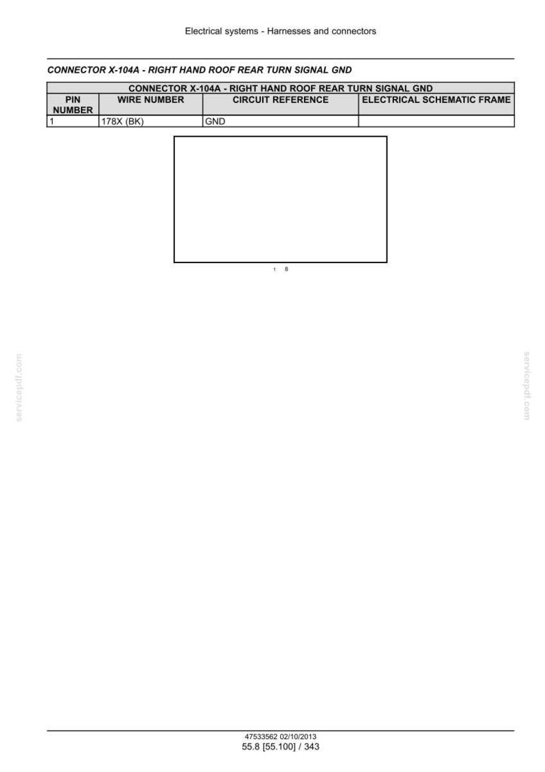 May include: A technical diagram titled "Electrical systems - Harnesses and connectors". It features a table detailing connector X-104A for the right-hand roof rear turn signal, with wire number 178X (BK) and circuit reference GND.