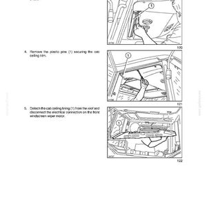 May include: Diagrams from a manual showing steps for removing a vehicle's cab ceiling trim. The illustrations include removing bolts, plastic pins, and the ceiling lining. Text includes "SECTION 90 - BODYWORK AND DRIVING POSITION - CHAPTER 1".