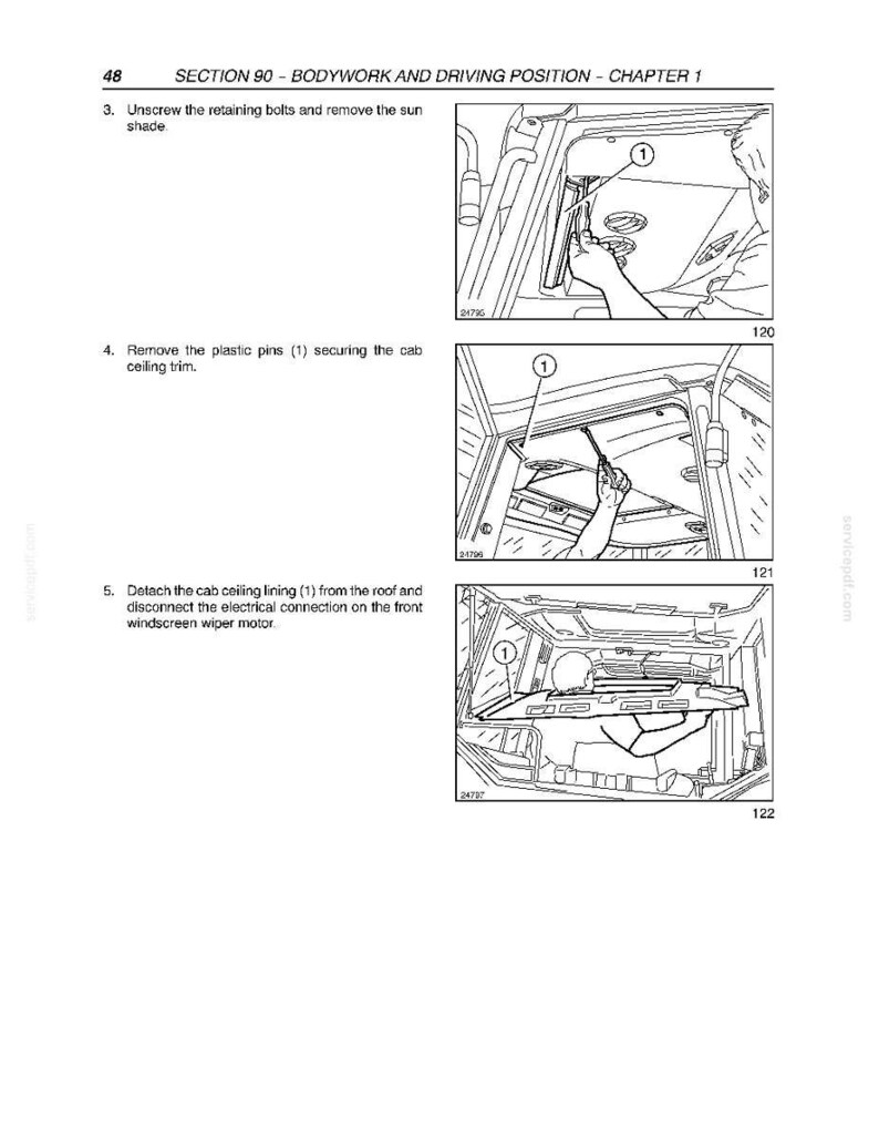 May include: Diagrams from a manual showing steps for removing a vehicle's cab ceiling trim. The illustrations include removing bolts, plastic pins, and the ceiling lining. Text includes "SECTION 90 - BODYWORK AND DRIVING POSITION - CHAPTER 1".