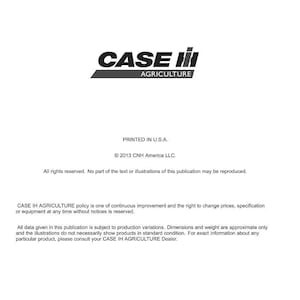 Op de afbeelding: Een wit document met het "CASE IH AGRICULTURE" logo in zwart en rood. Het document bevat tekst over technische publicaties, copyrightinformatie en een disclaimer. Gedrukt in de VS.