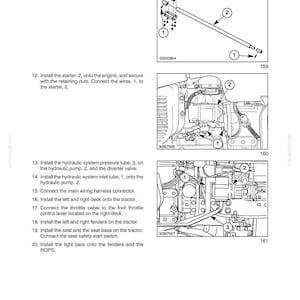 May include: Diagram from a manual showing tractor transmission components. Includes illustrations of driveshaft, starter, hydraulic system, and wiring harness connections. Text instructions accompany each step of the installation process.