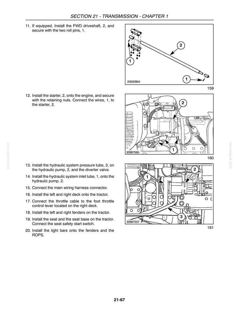 May include: Diagram from a manual showing tractor transmission components. Includes illustrations of driveshaft, starter, hydraulic system, and wiring harness connections. Text instructions accompany each step of the installation process.