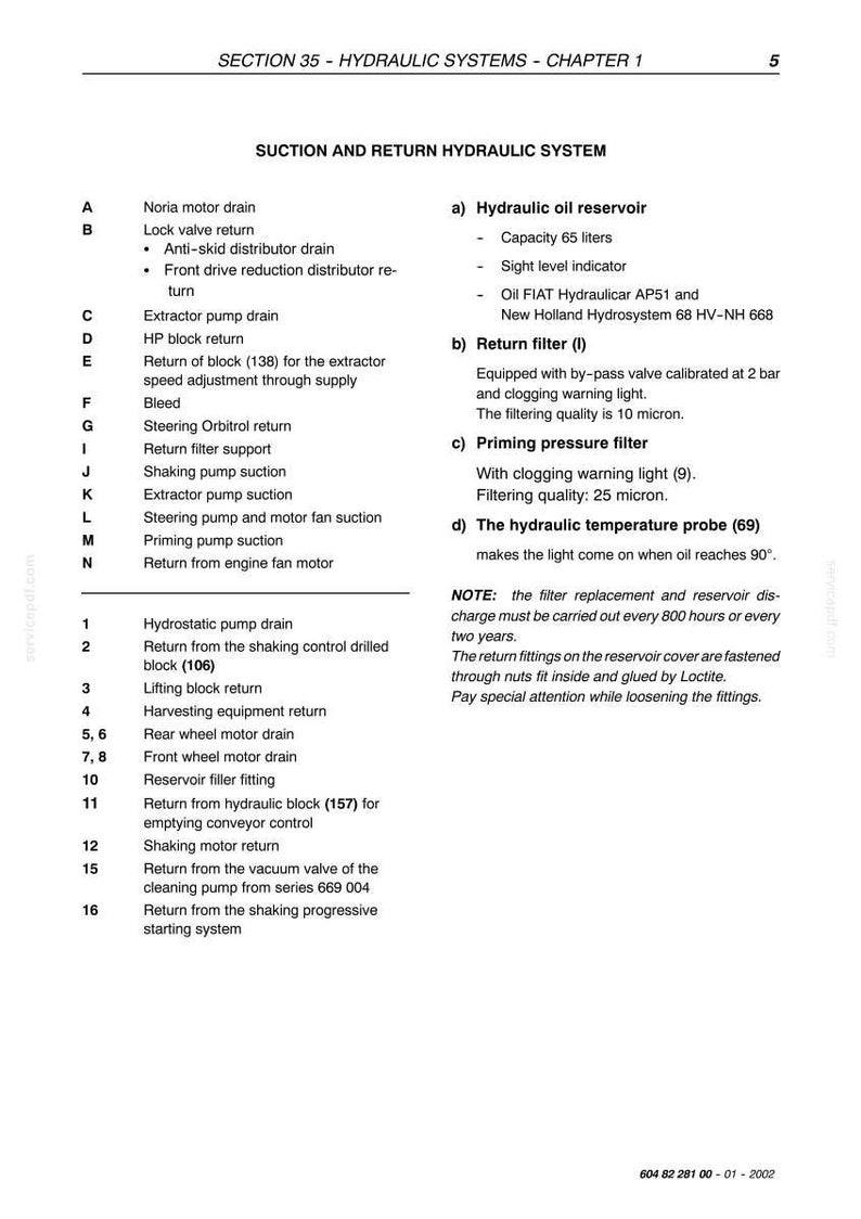May include: Diagram of a hydraulic system with labels and descriptions. Includes sections on the hydraulic oil reservoir, return filter, priming pressure filter, and temperature probe. Text details capacity, filtering quality, and other specifications.