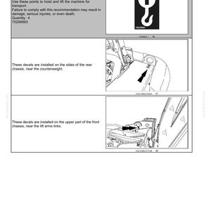 May include: Diagram from a manual showing safety information. The image includes a black and white graphic of a hook with an arrow, and text that reads "Hoist Point" decal. The diagram also shows where to install the decals.