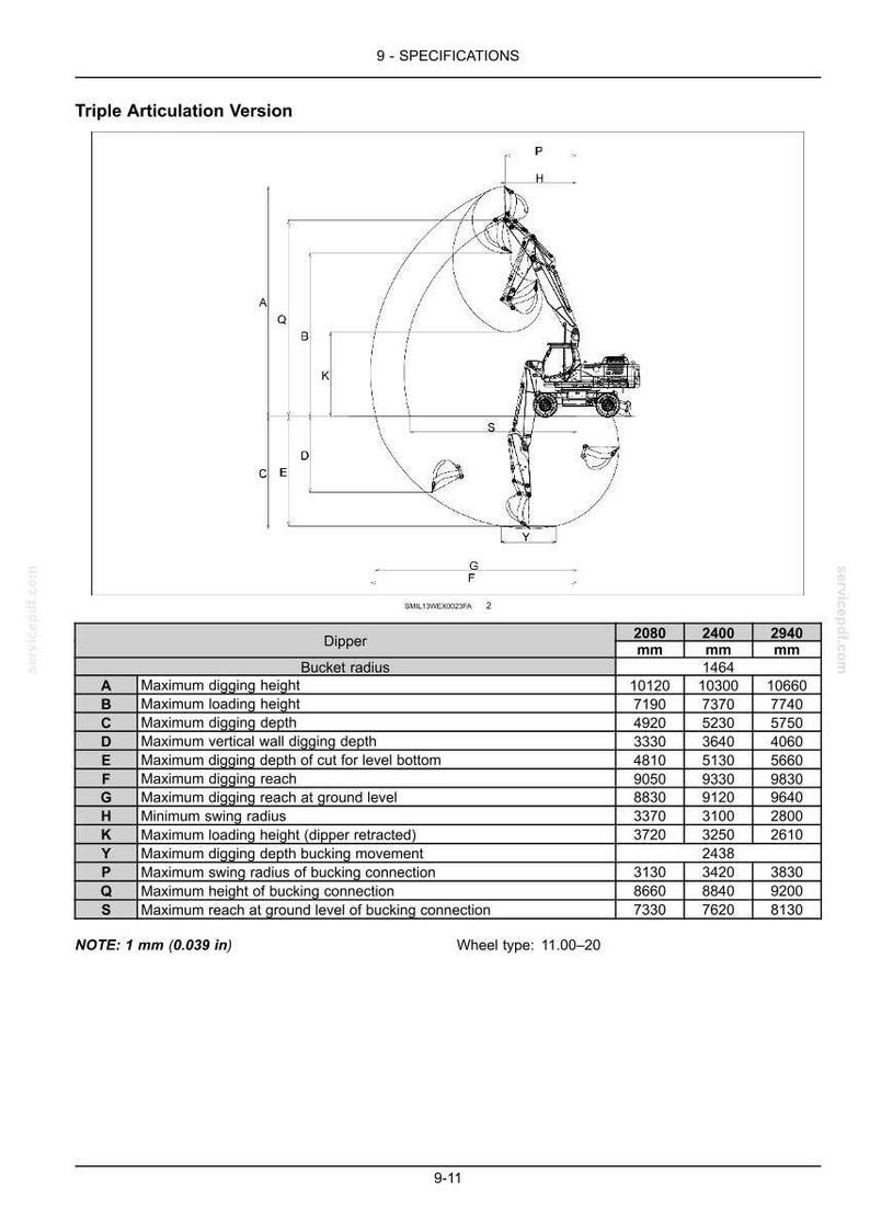 May include: A technical specification diagram for a triple articulation excavator, featuring a line drawing of the machine with labelled reach and depth dimensions. A table lists specific measurements in millimetres for various operating parameters.