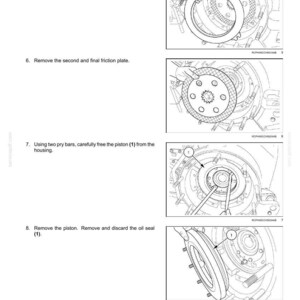 May include: Diagrams illustrating the removal of hydraulic service brake components. Steps include removing the separator plate, friction plate, freeing the piston, and removing the oil seal. Text and labels are included.